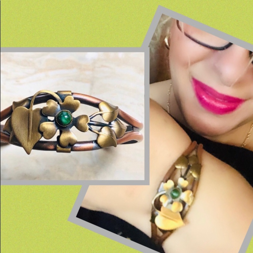 Copper Malachite Ornate Flower Cuff Bracelet
